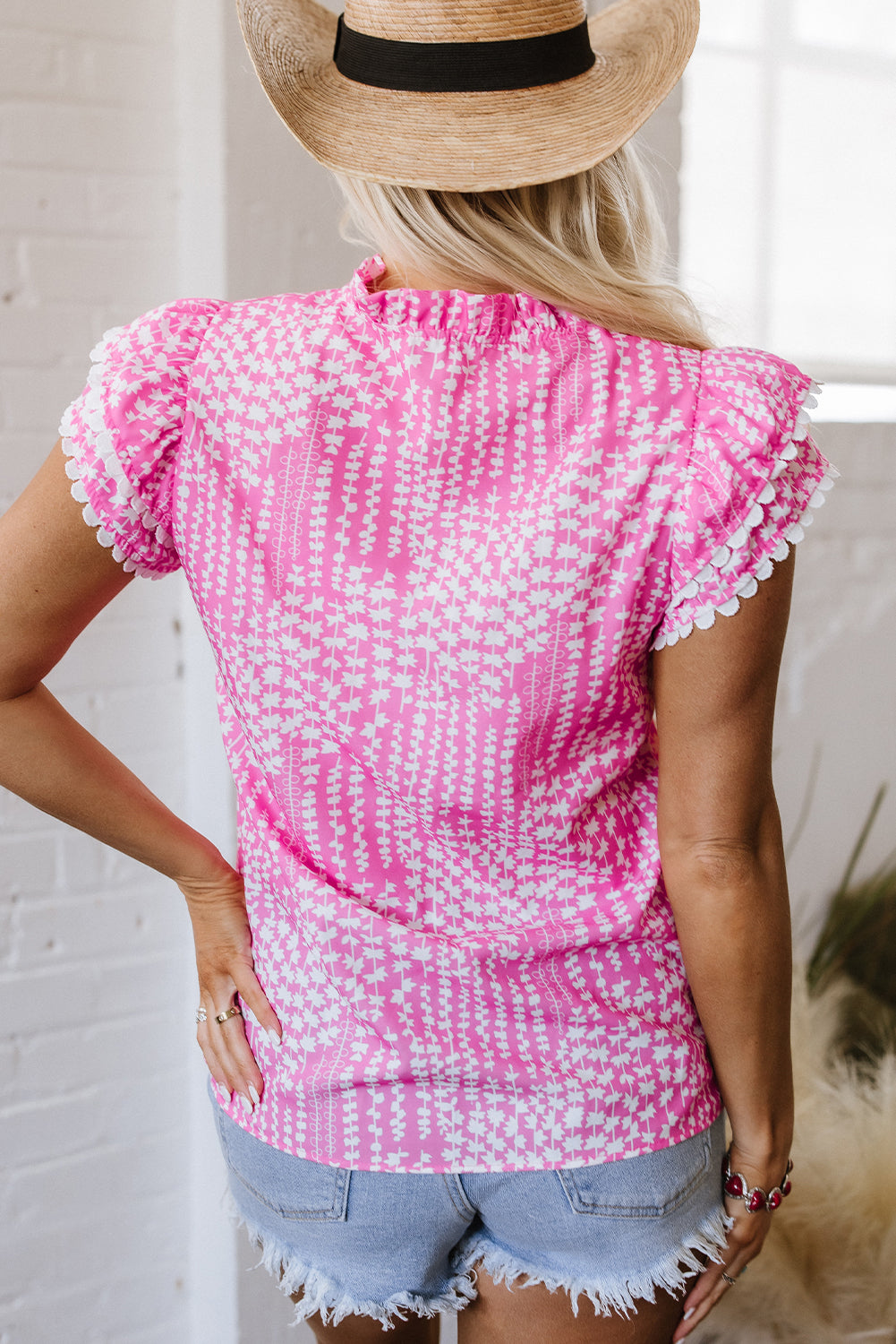 Pink Abstract Print Ric Rac Trim Blouse. GCollection