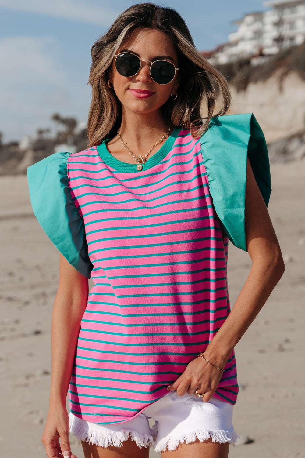 Pink Stripe Colorblock Ruffled Sleeve Crew Neck Blouse. GCollection