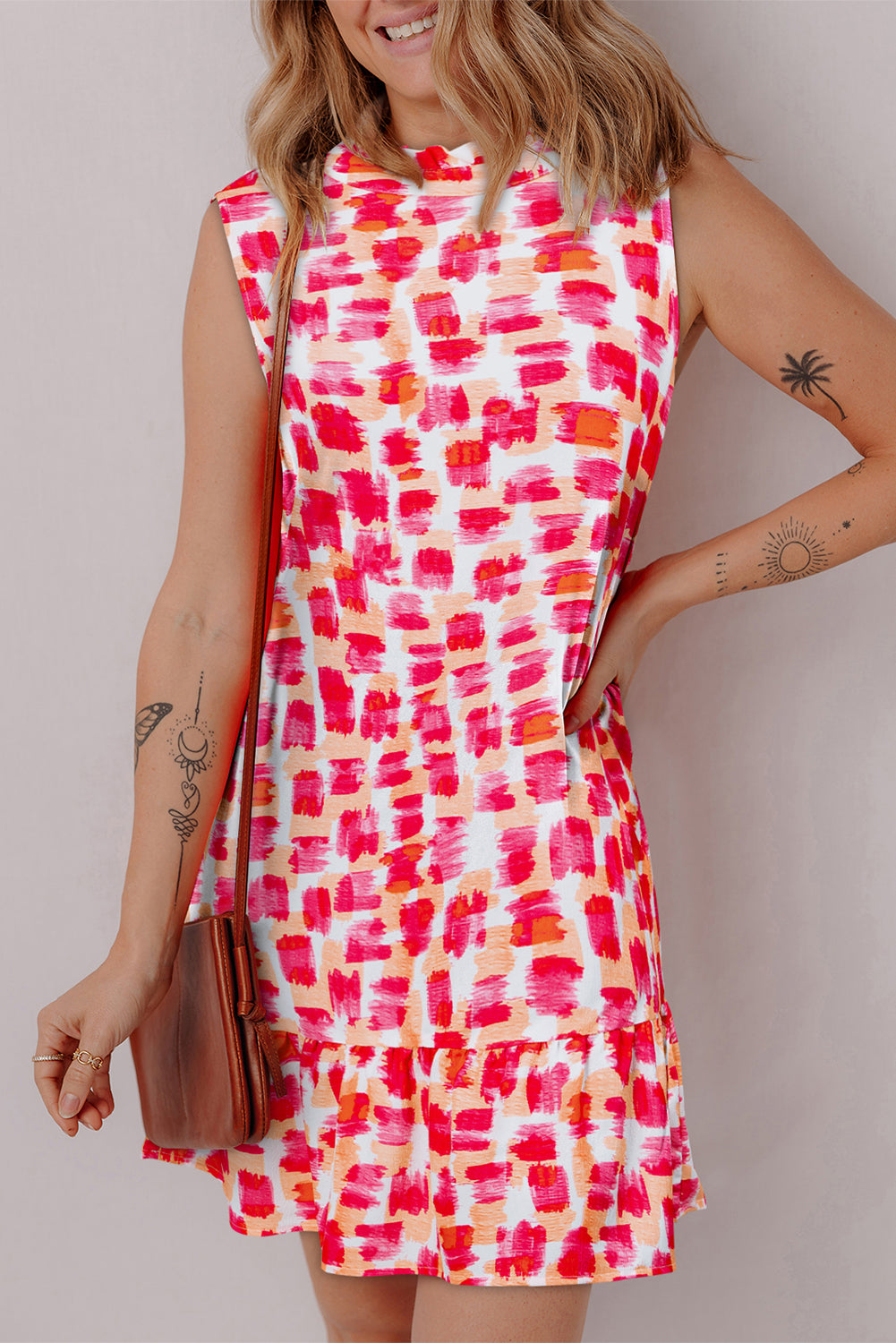 Pink Abstract Print Frilly Neck Sleeveless Mini Dress. GCollection