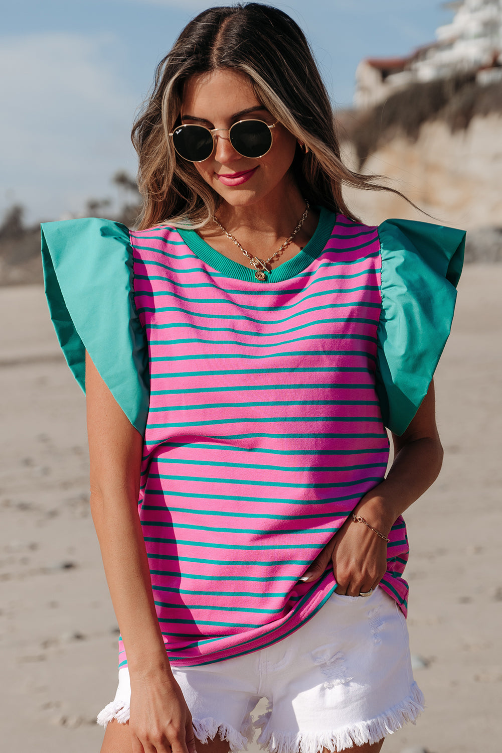 Pink Stripe Colorblock Ruffled Sleeve Crew Neck Blouse. GCollection