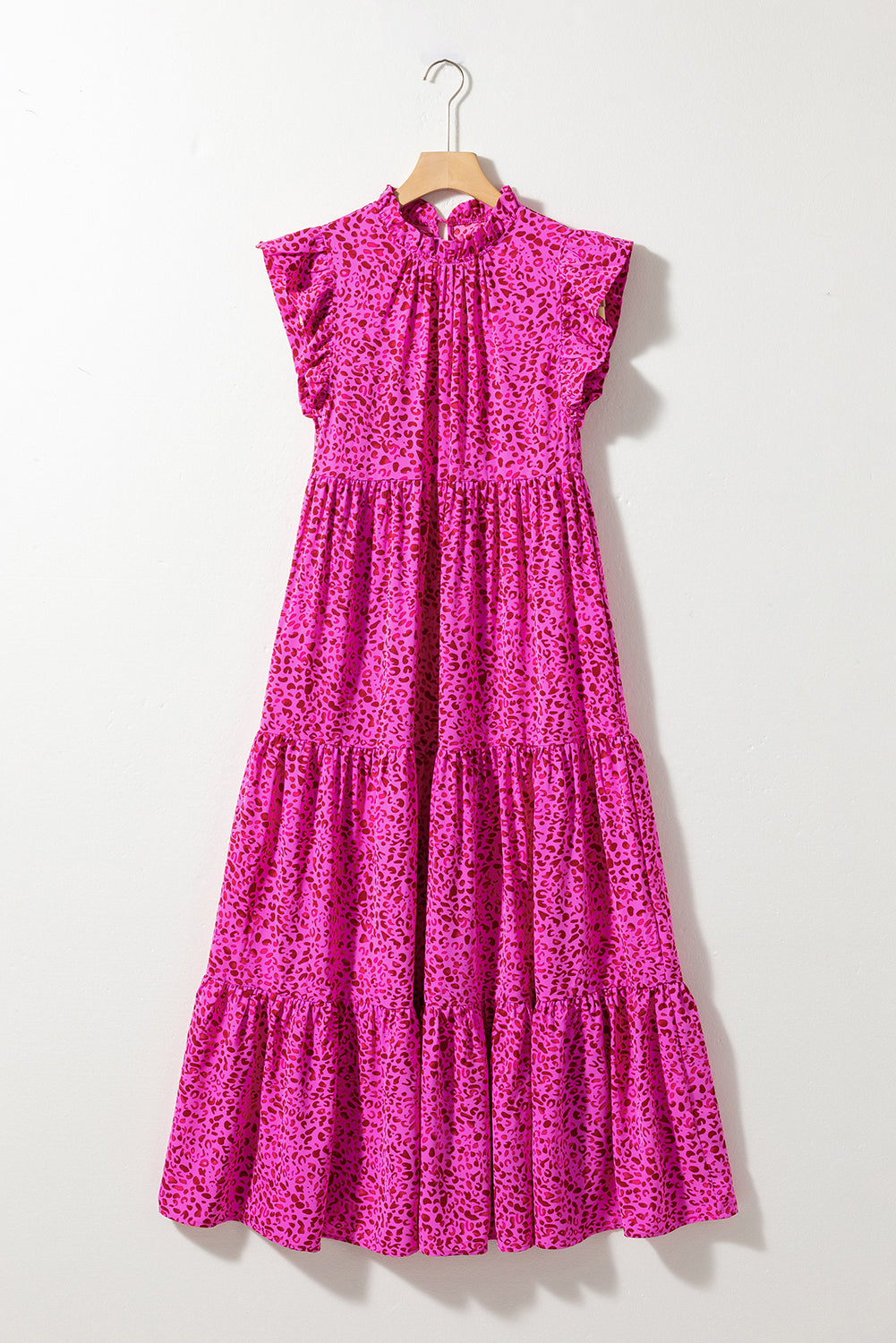 Rose Red Leopard Print Ruffled Trim Tiered Maxi Dress. GCollection