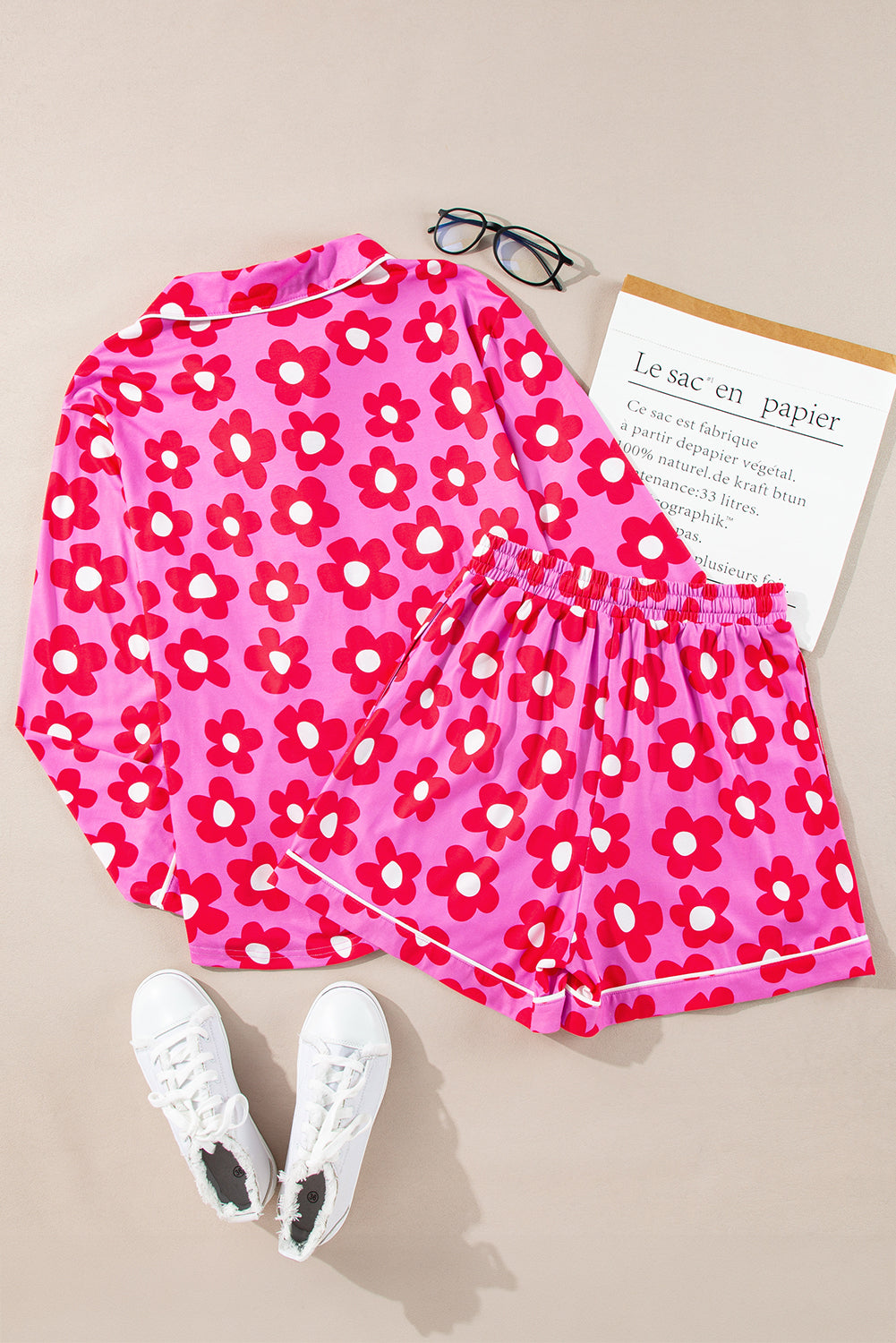 Pink Flower Print Long Sleeve Pajamas Set. GCollection