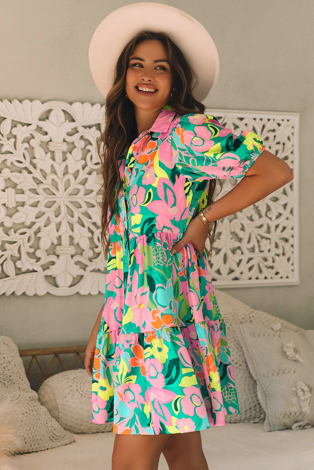 Green Floral Puff Sleeve Collar Buttoned Babydoll Dress. GCollection