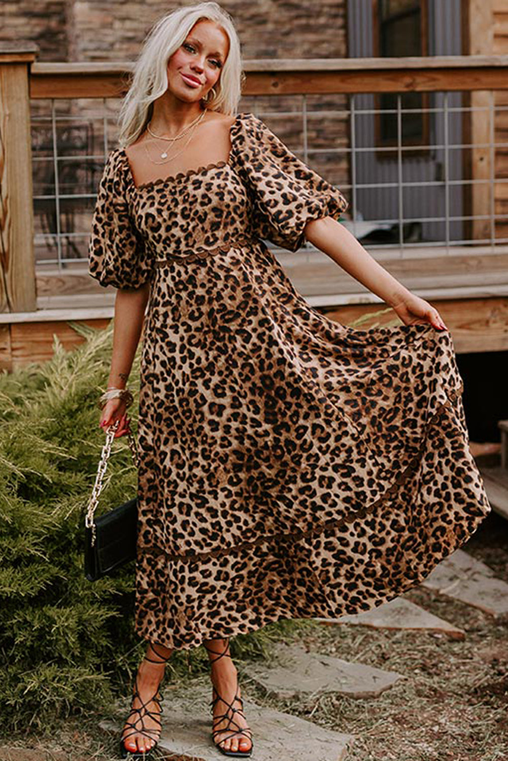 Brown Leopard Print Bubble Sleeve Maxi Dress. GCollection