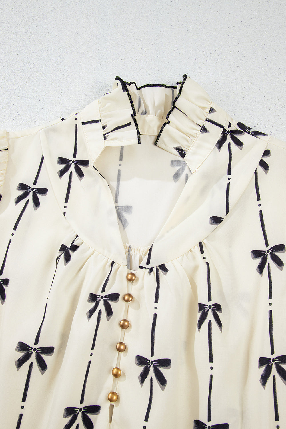 Beige Cute Bowknot Printed Bubble Sleeve V Neck Mini Dress. GCollection