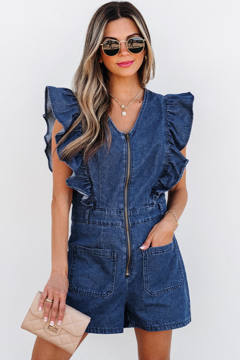 Sail Blue Denim Ruffled Zipped Front Belted Romper. GCollection