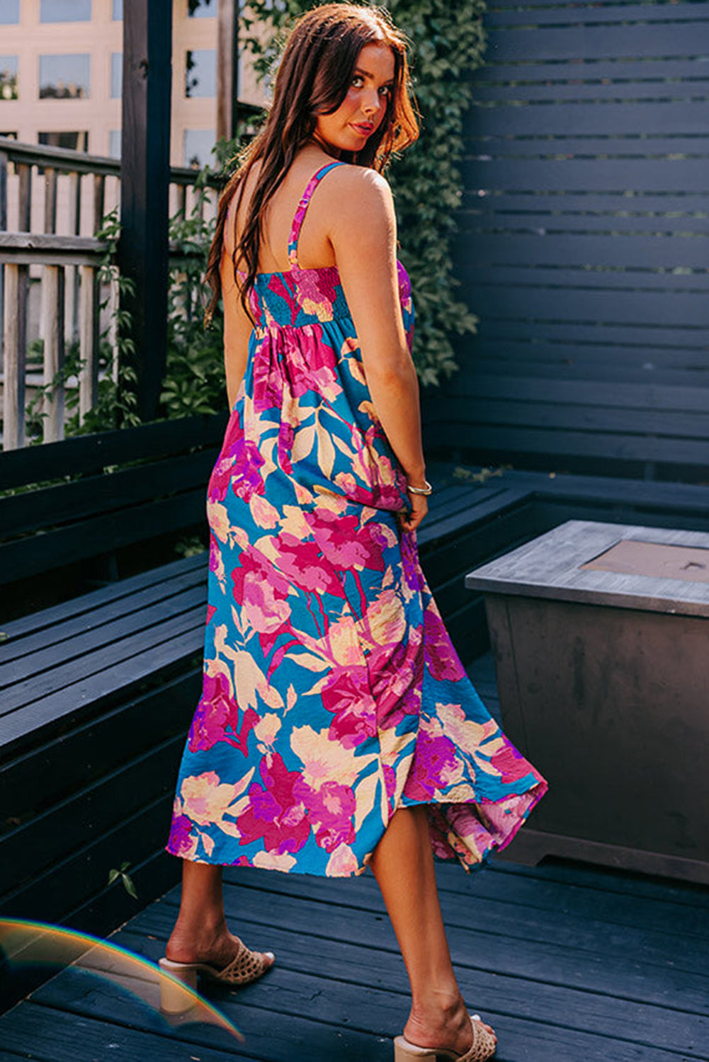 Dark Blue Floral High Waist Long Dress. GCollection