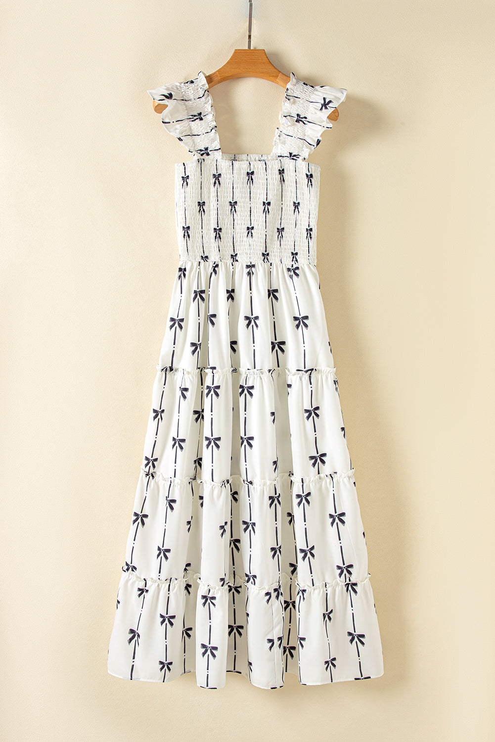 Black Bow Print Smocked Square Neck Ruffle Maxi Dress. GCollection