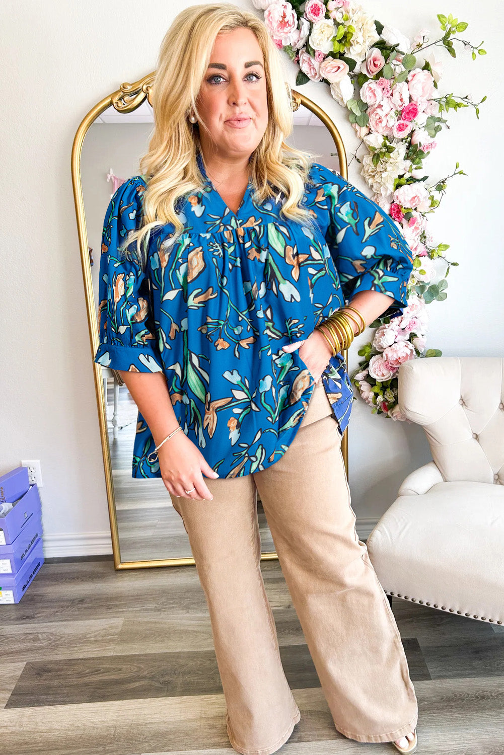 Blue Floral Notched V Neck Half Sleeve Plus Size Blouse. PSCollection