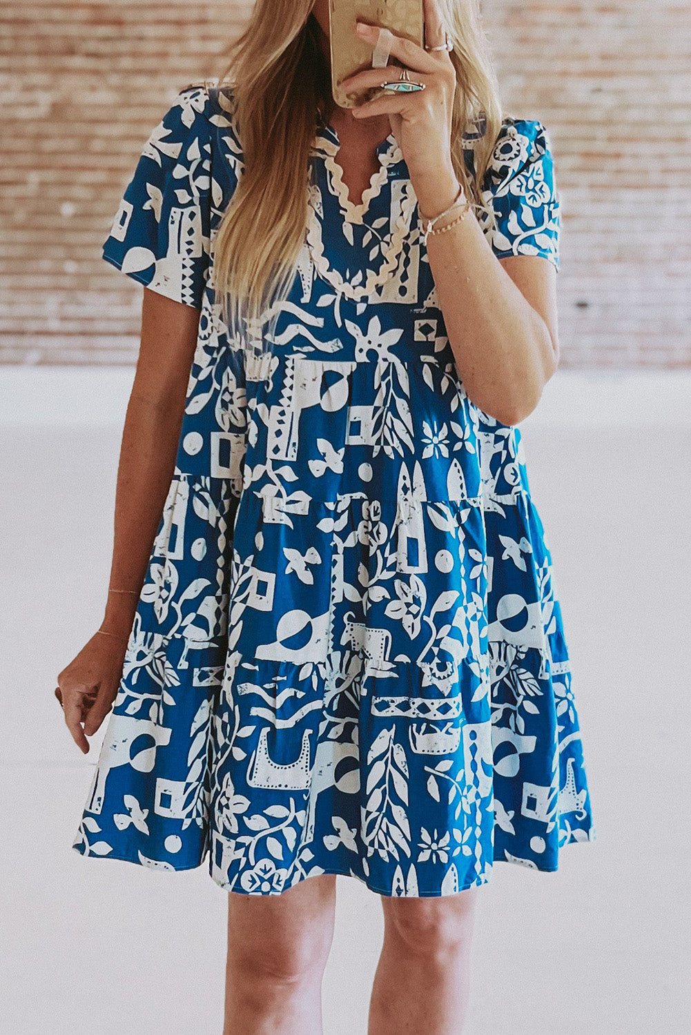 Blue Ricrac Trim Split Neck Floral Loose Dress. GCollection