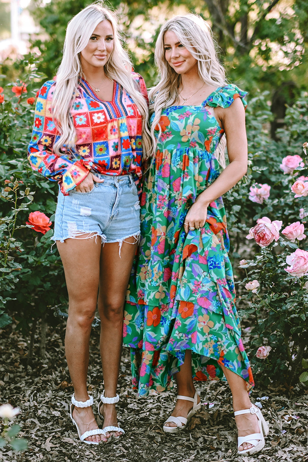 Green Floral Print Sleeveless Ruffle Tiered Maxi Dress. GCollection
