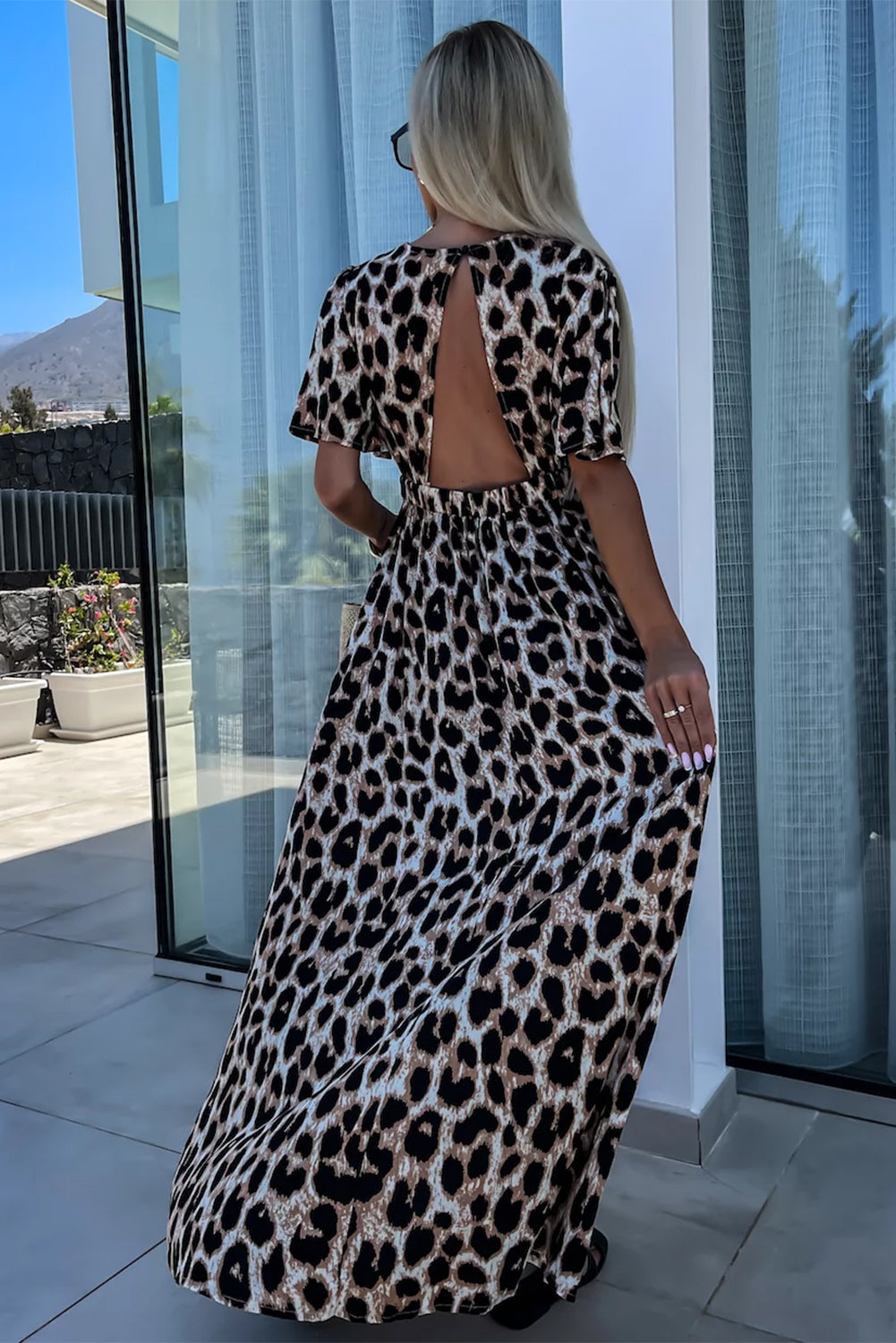 Leopard V Neck Cinched High Waist Open Back Maxi Dress. GCollection