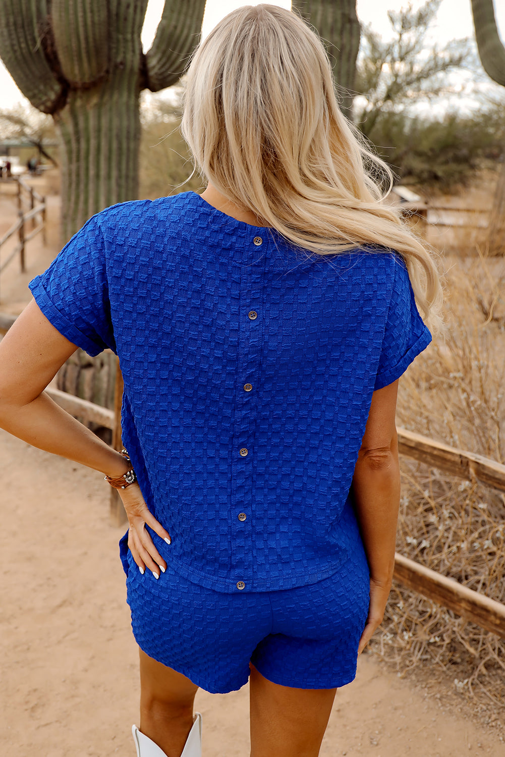 Sky Blue Jacquard Textured Buttoned Tee and Shorts Set. GCollection