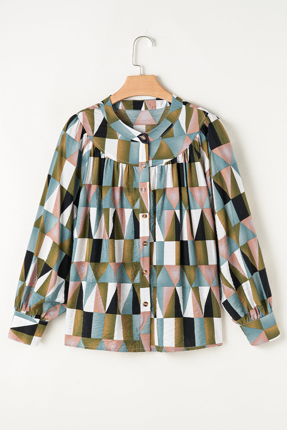 Green Geometric Balloon Sleeve Loose Fit Shirt. GCollection