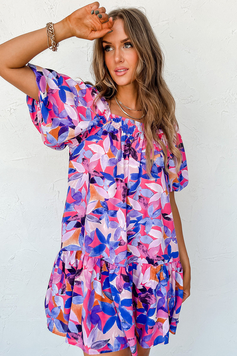 Purple Flower Print Short Puff Sleeve Ruffled Dress. GCollection
