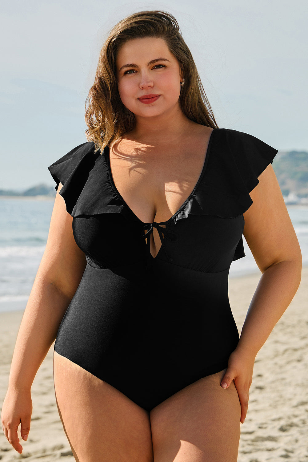 Black Ruffled Sleeve Plus Size One Piece Swimsuit. PSCollection