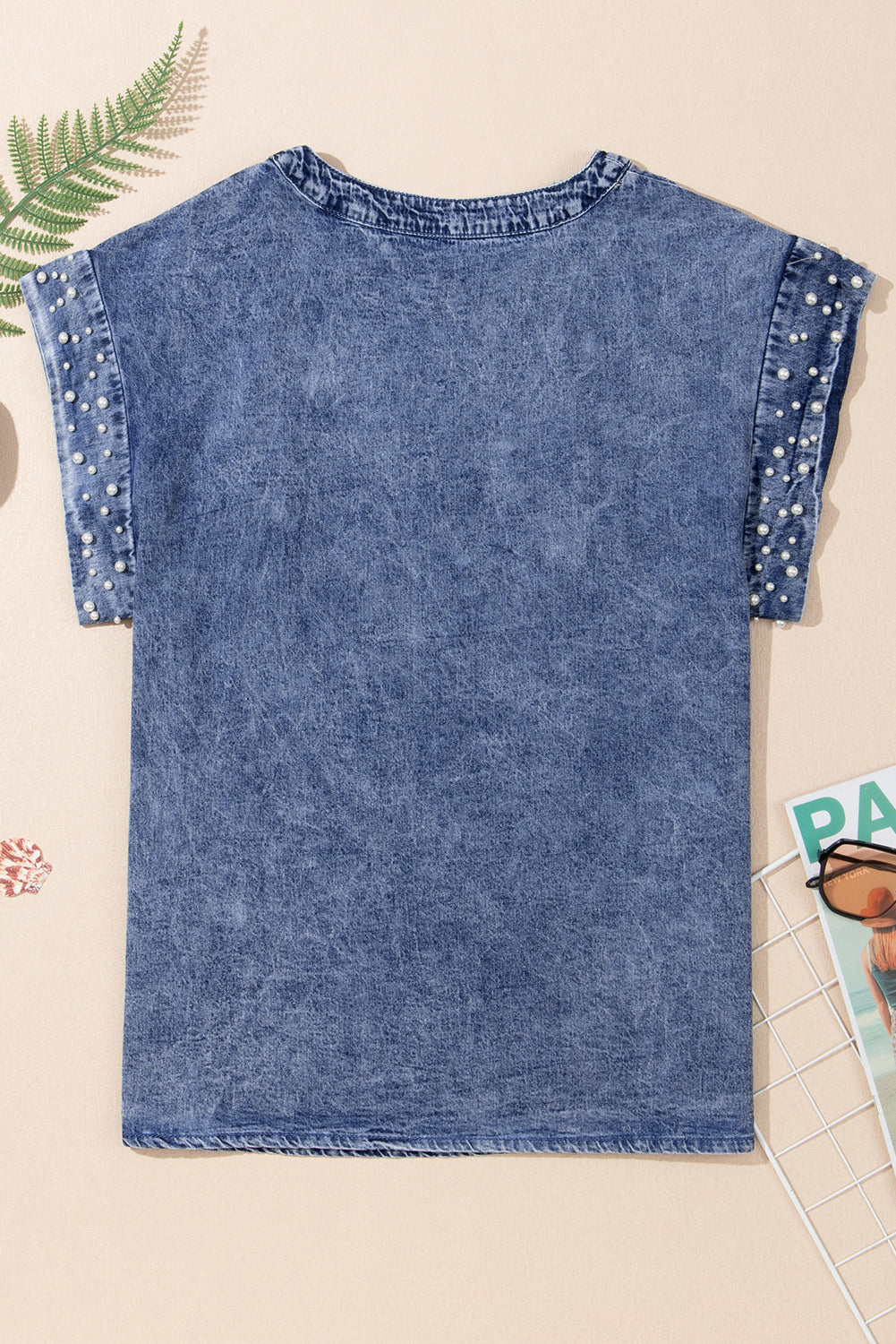 Blue Acid Wash Pearl Embellishments Denim Top. GCollection
