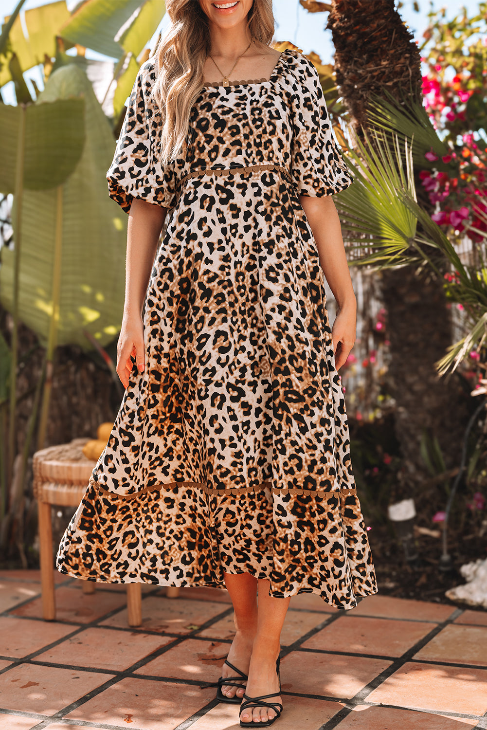 Brown Leopard Print Bubble Sleeve Maxi Dress. GCollection