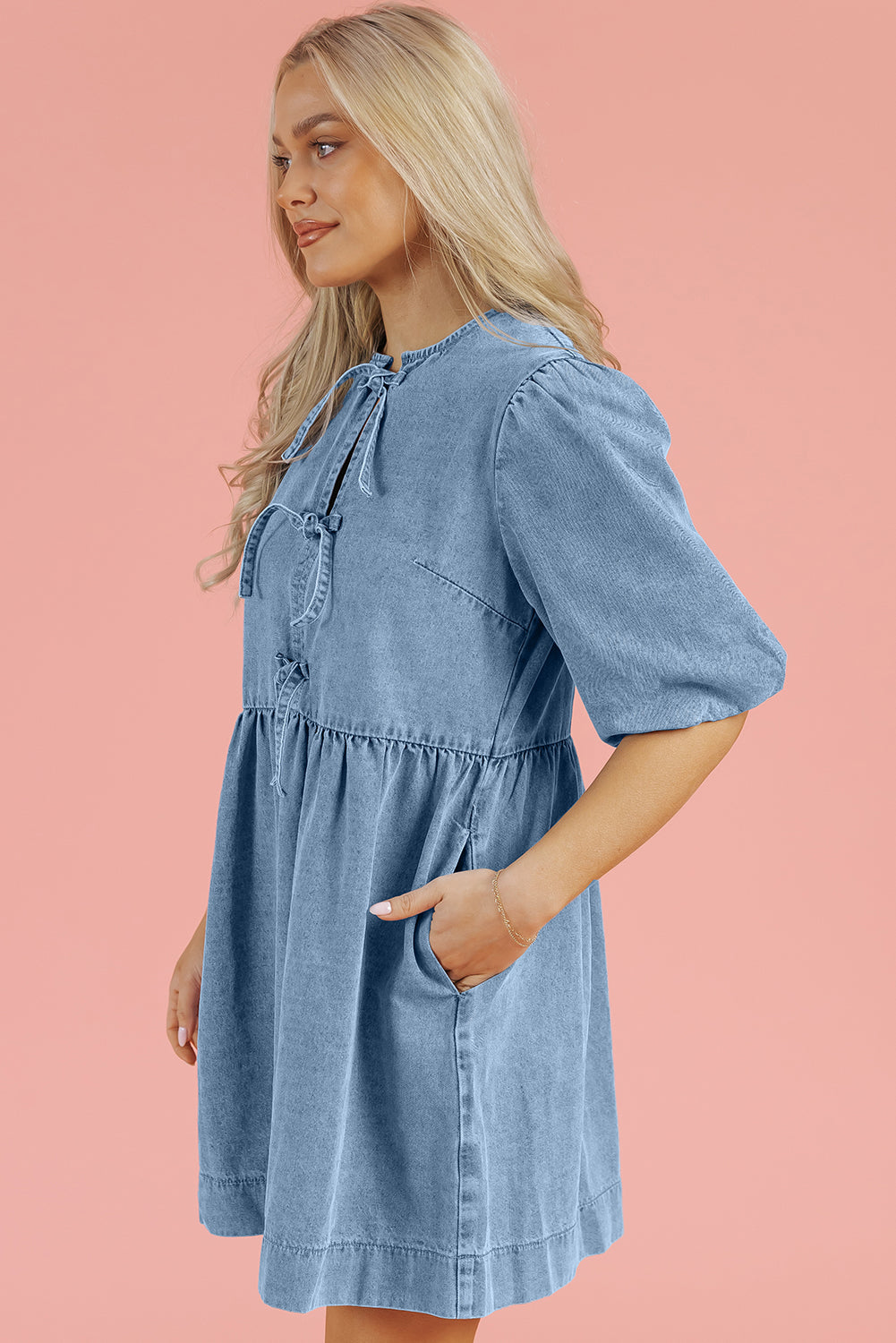 Blue Bowknot Bubble Sleeve Short Denim Dress. GCollection