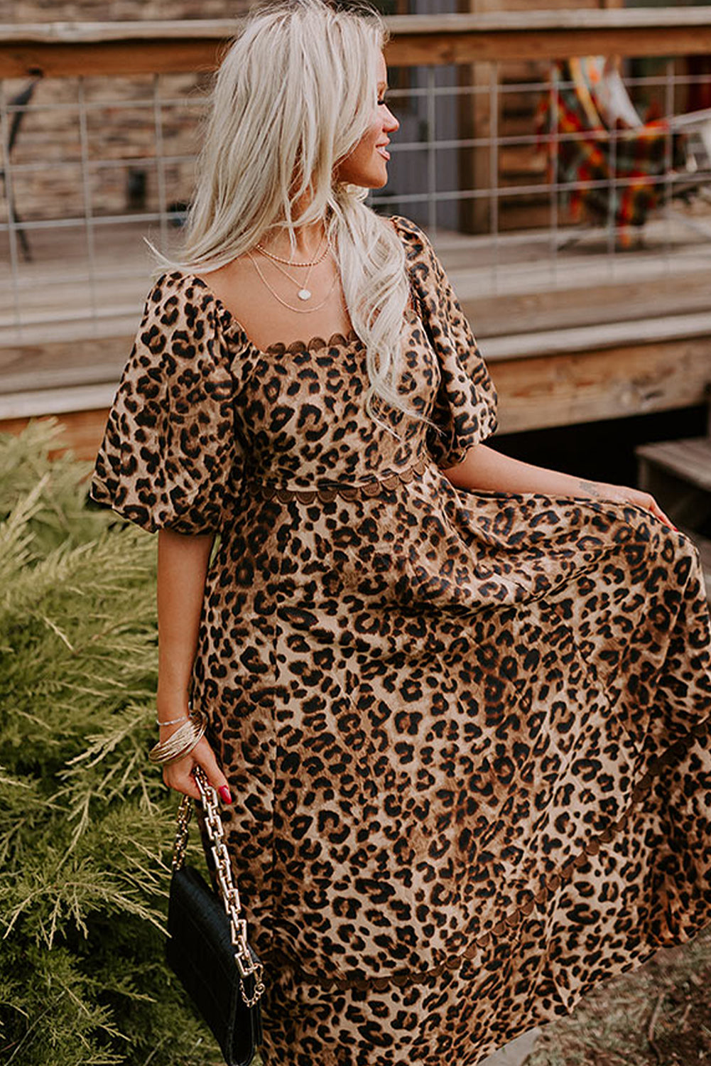 Brown Leopard Print Bubble Sleeve Maxi Dress. GCollection