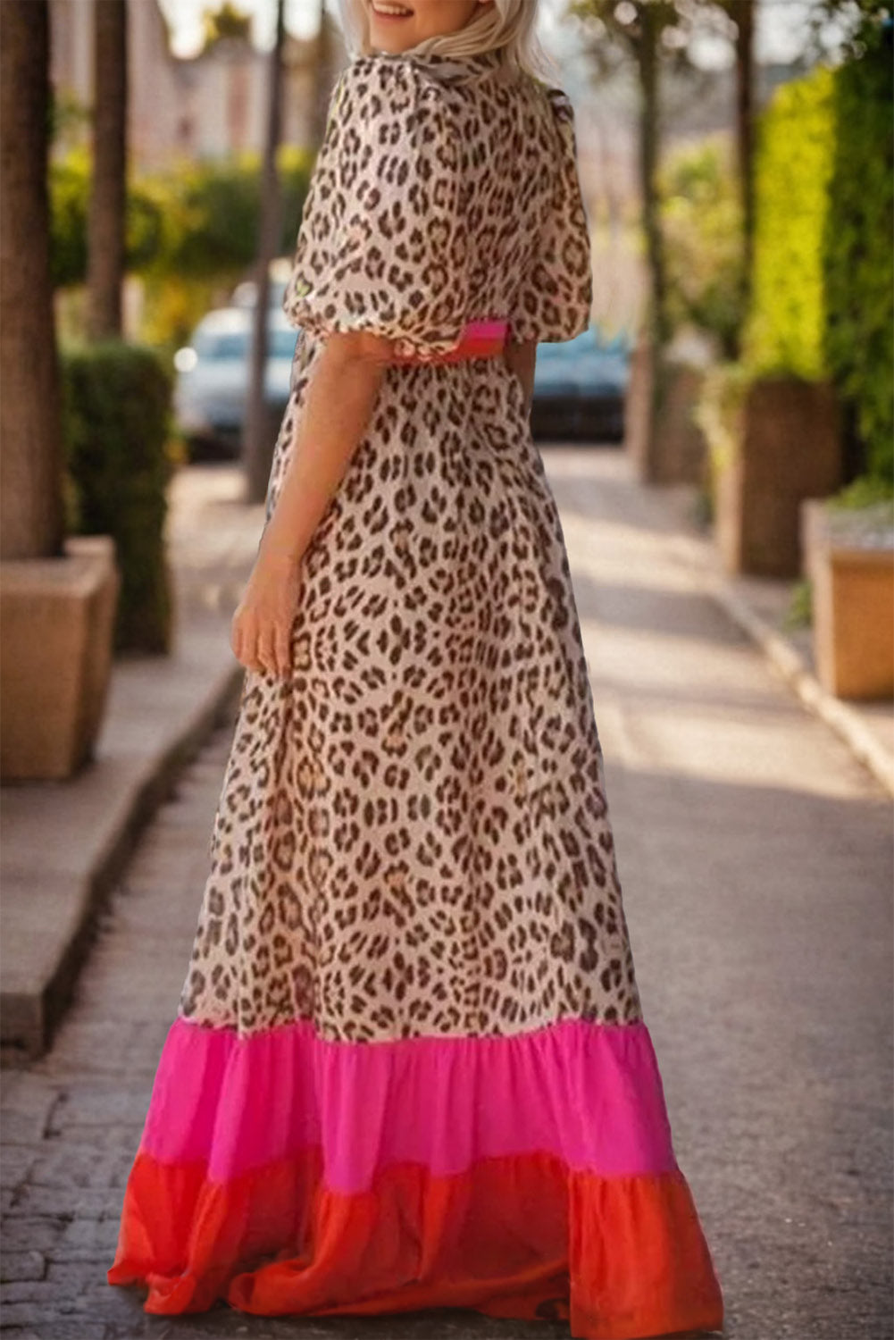Bright Pink Leopard Colorblock Patchwork Bubble Sleeve Maxi Dress. GCollection