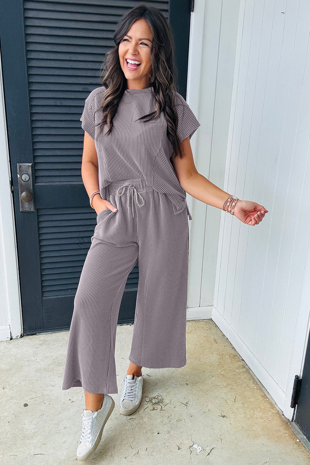 Solid Corded Knit Short Sleeve T Shirt and Wide Leg Pants Set. GCollection
