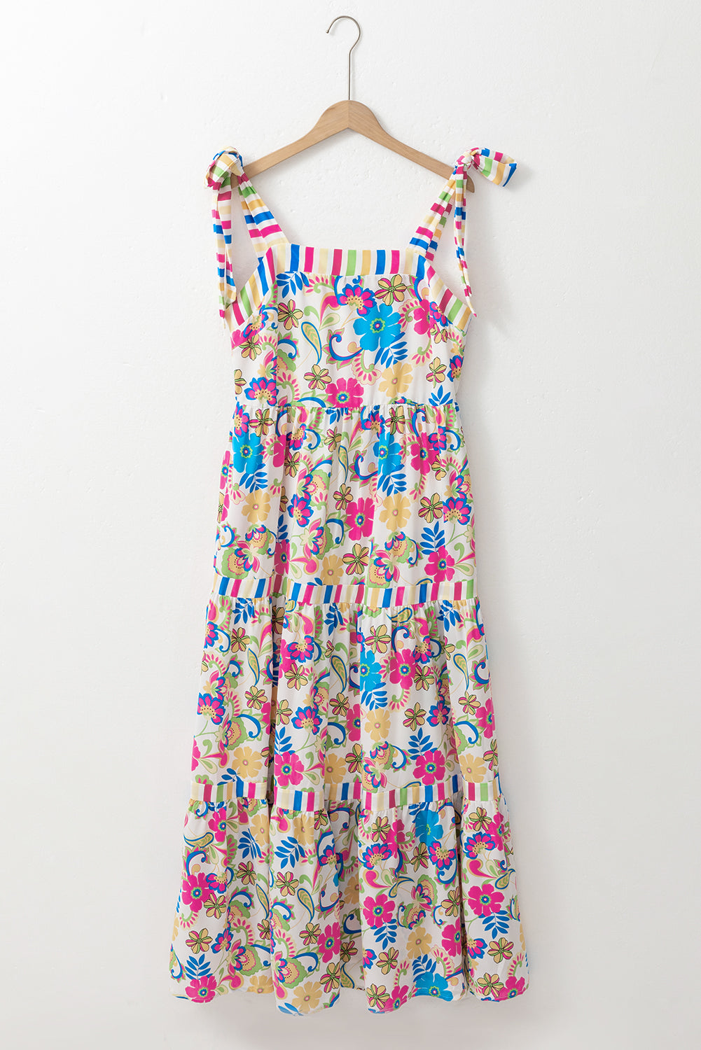 Rose Red Striped Trim Self-tie Straps Floral Maxi Dress. GCollection