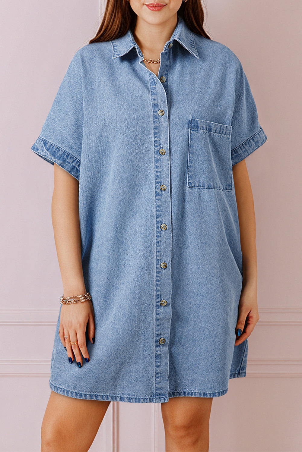 Blue Short Sleeve Pocketed Button up Denim Dress. GCollection