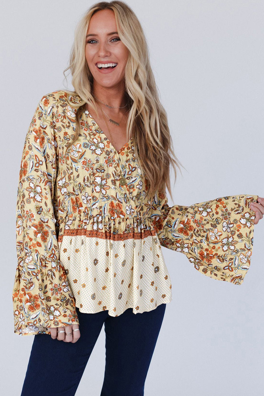 Yellow Printed Floral Bell Sleeve V Neck Wrapped Contrast Blouse. GCollection