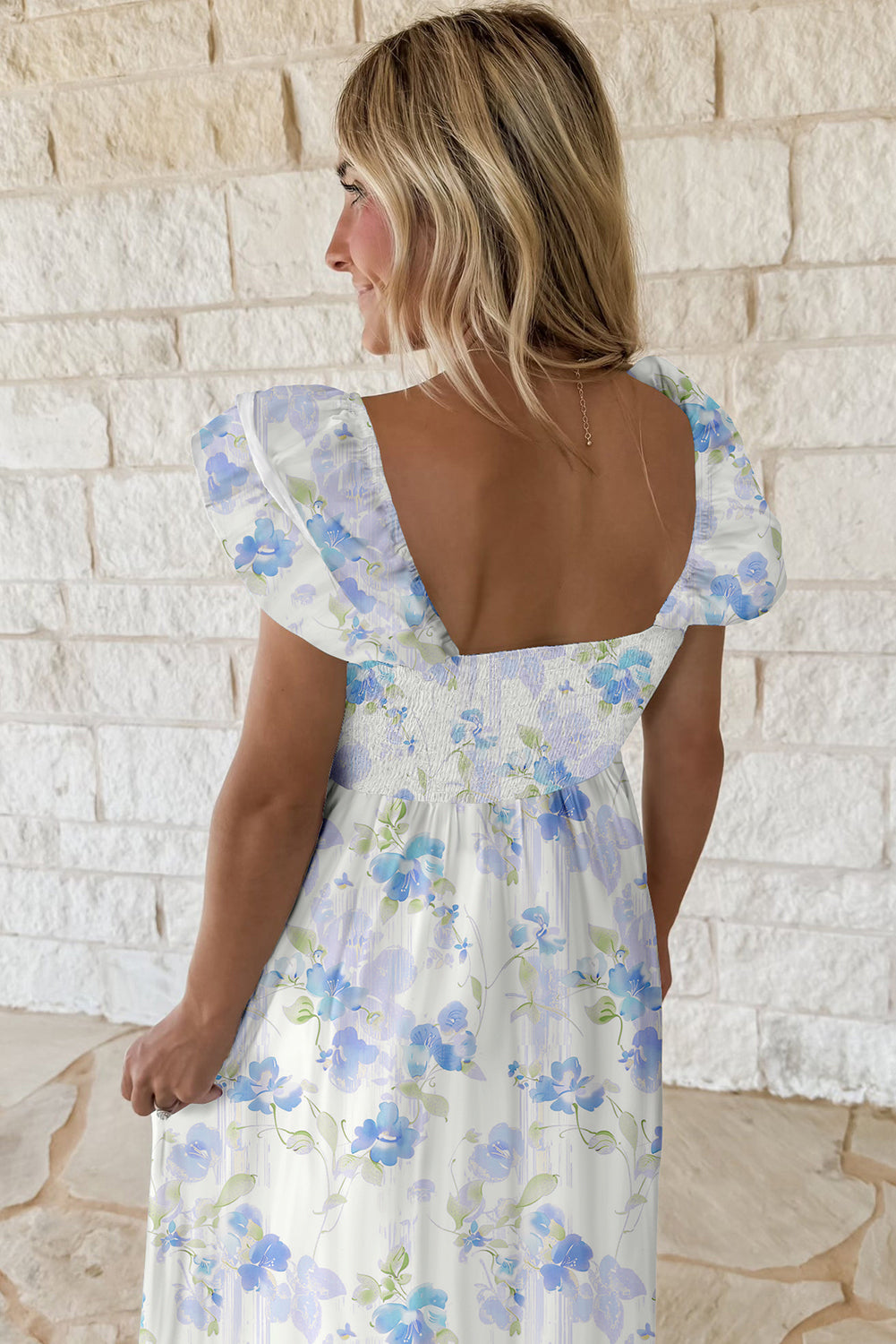 Sky Blue Floral Smocked High Waist Long Dress. GCollection