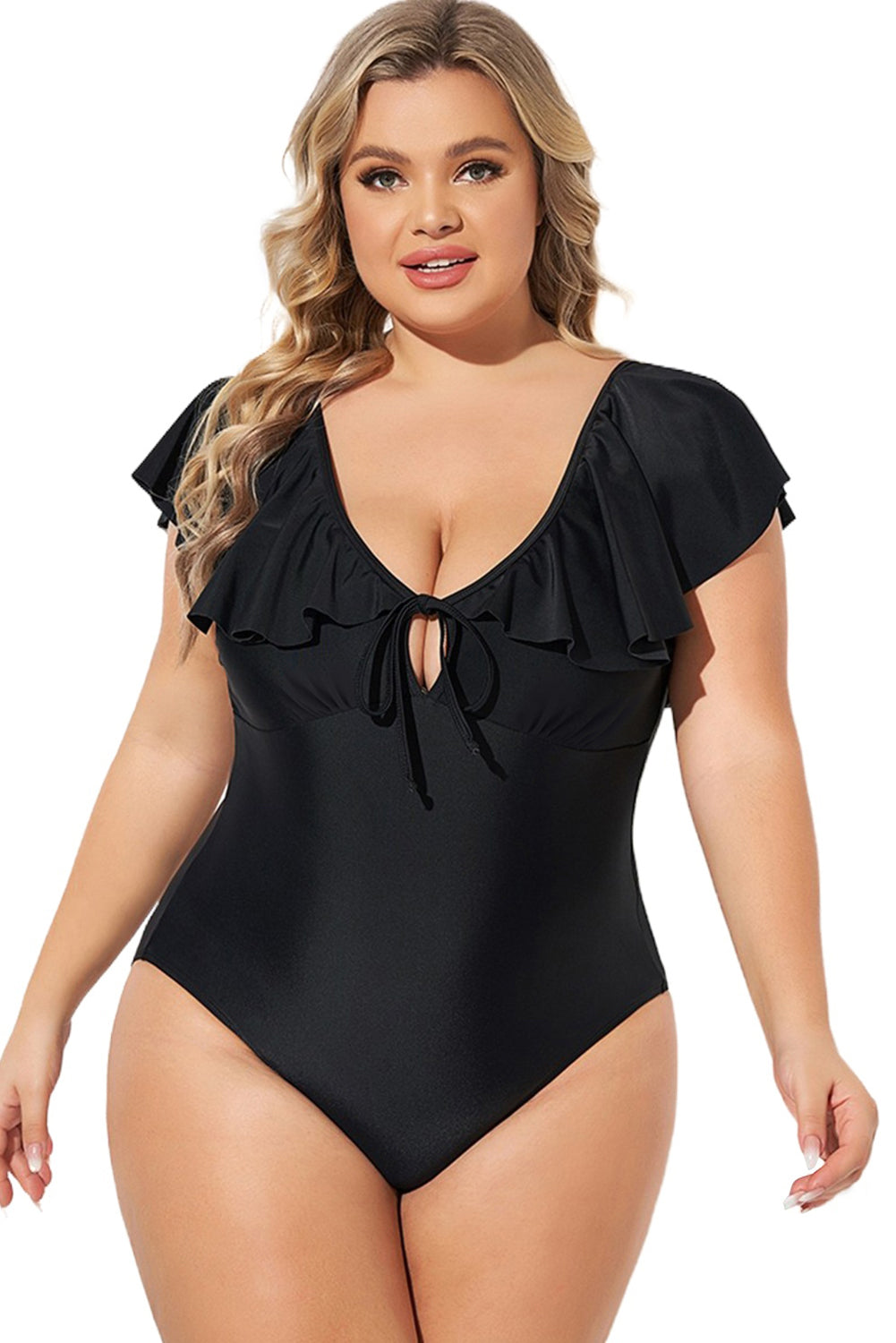 Black Ruffled Sleeve Plus Size One Piece Swimsuit. PSCollection