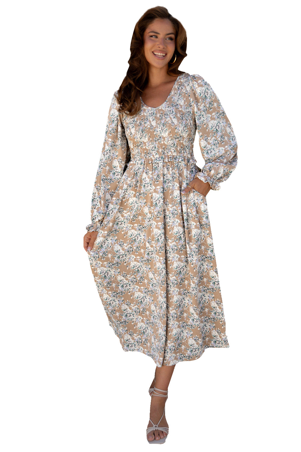 Khaki Maple Grove Floral Smocked Puff Sleeve Long Dress. GCollection