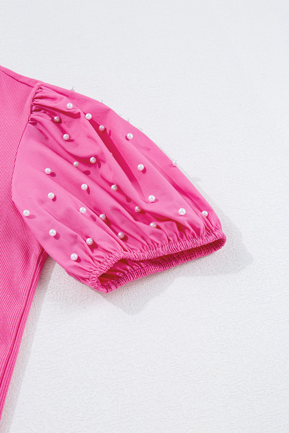 Bright Pink Ribbed Pearl Beaded Puff Sleeve Top. GCollection