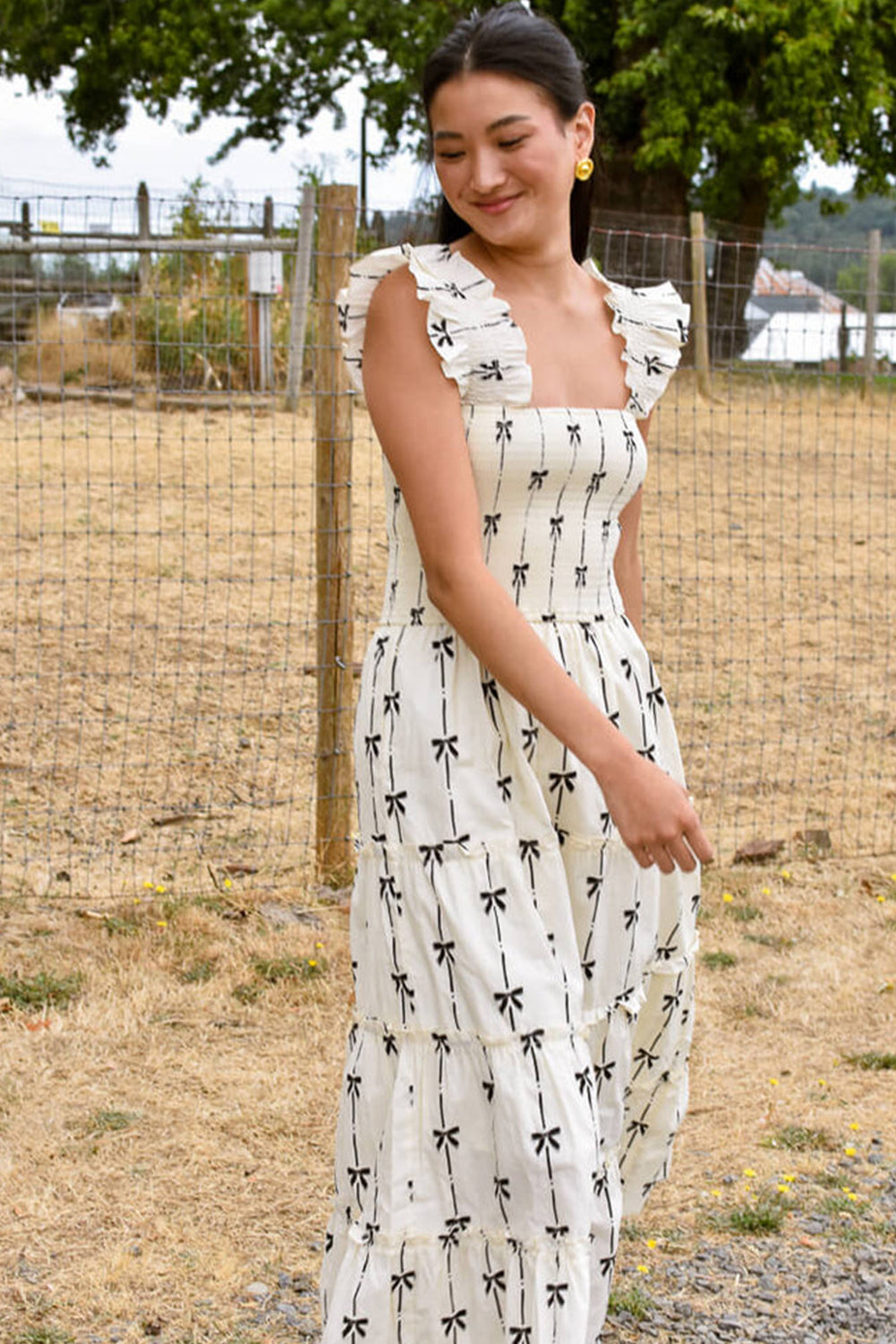 Black Bow Print Smocked Square Neck Ruffle Maxi Dress. GCollection