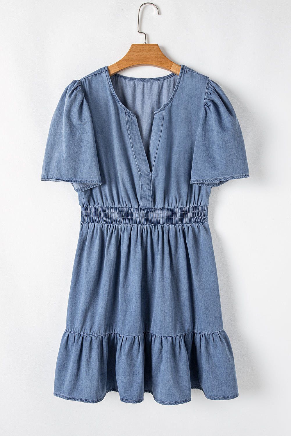 Blue Ruffled V Neck Smocked High Waist Denim Mini Dress. GCollection