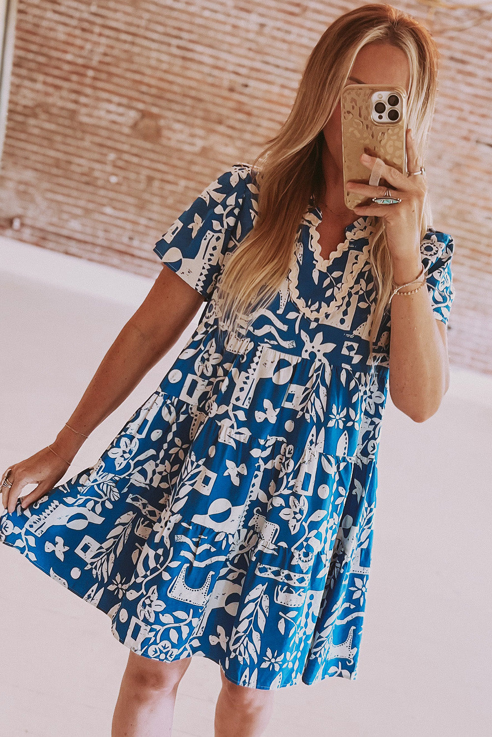 Blue Ricrac Trim Split Neck Floral Loose Dress. GCollection