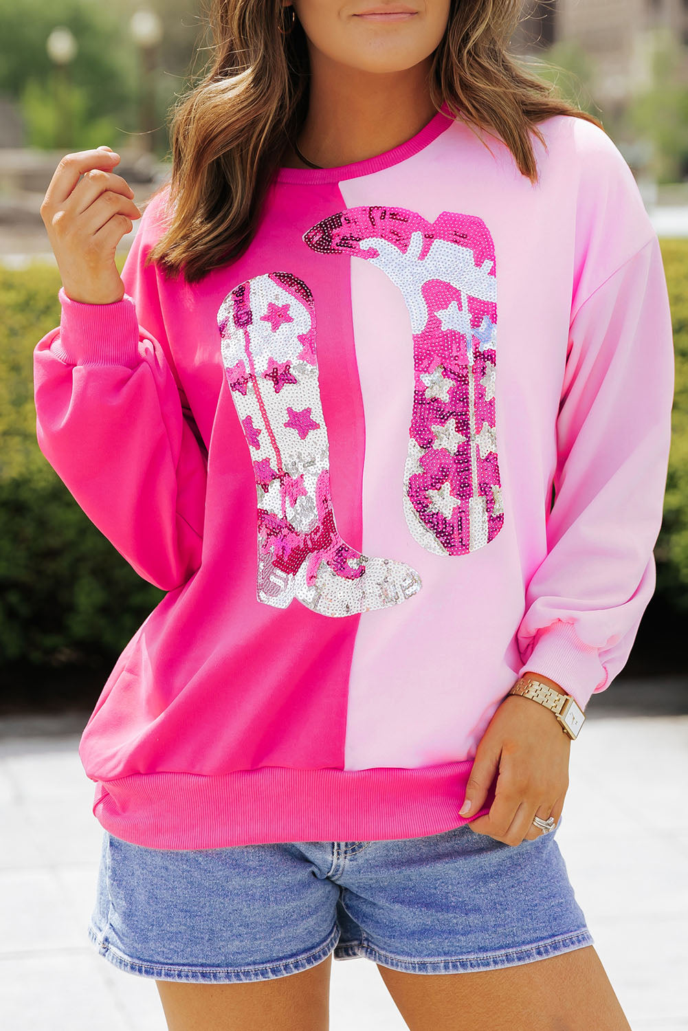 Pink Color Block Sequined Cowgirl Boots Graphic Sweatshirt. GCollection