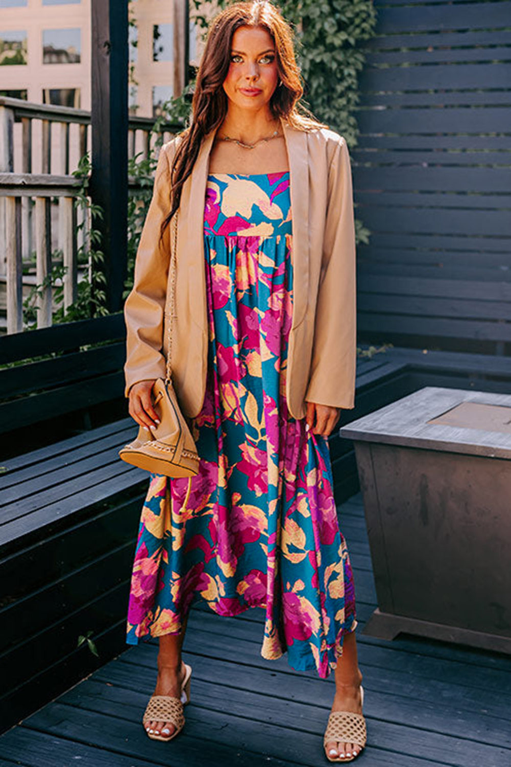 Dark Blue Floral High Waist Long Dress. GCollection