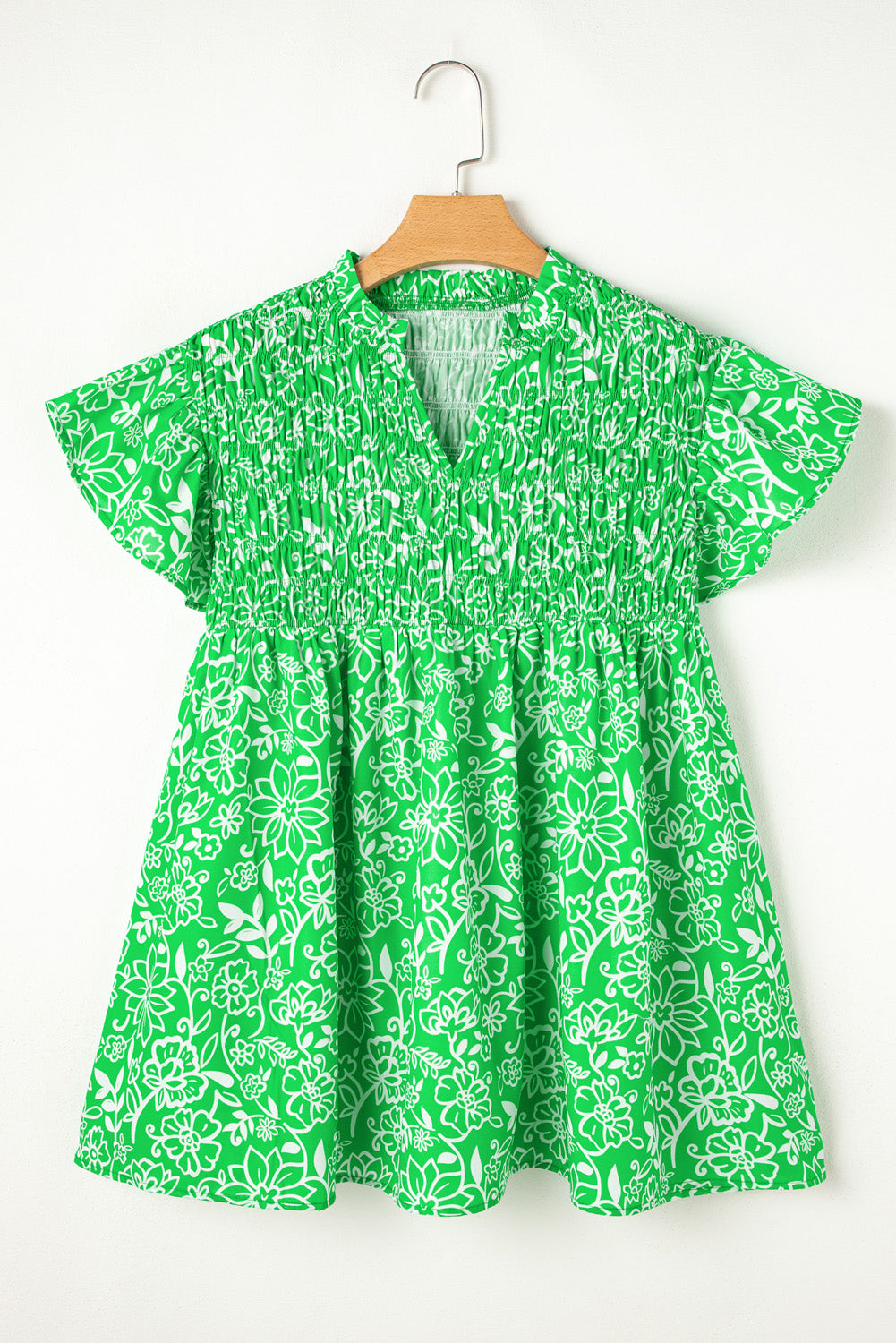Green Floral Flutter Sleeve Neck Plus Size Blouse. PSCollection