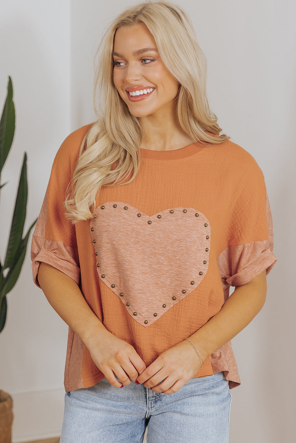 Desert Gold Stud Heart Patch Textured Top. GCollection