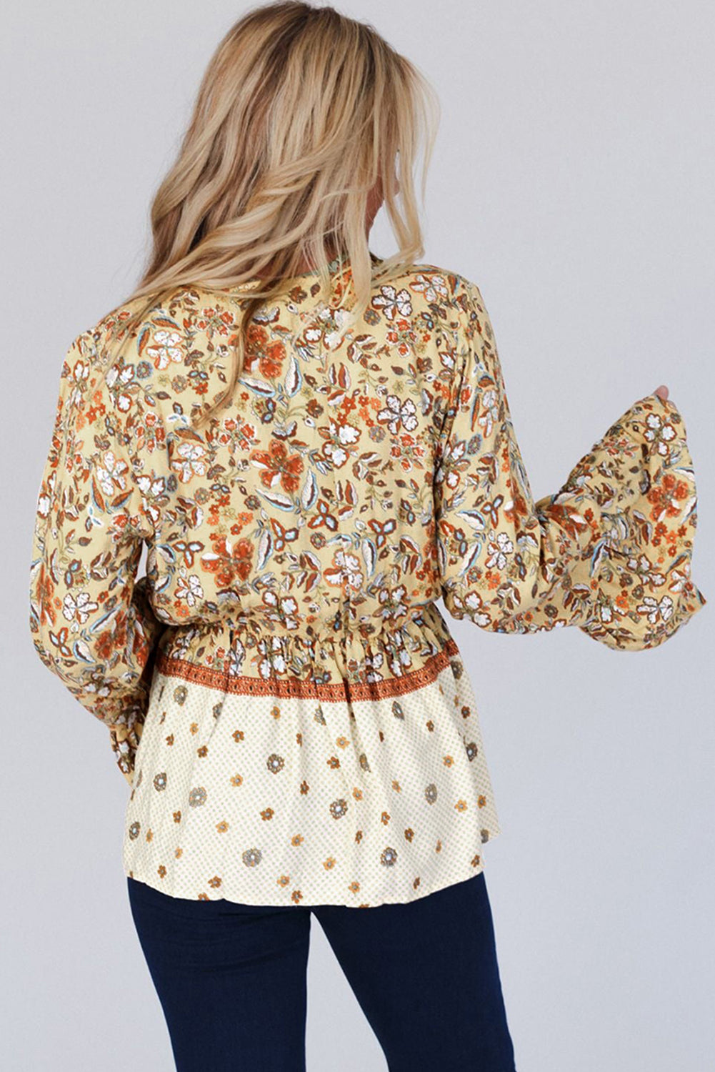 Yellow Printed Floral Bell Sleeve V Neck Wrapped Contrast Blouse. GCollection