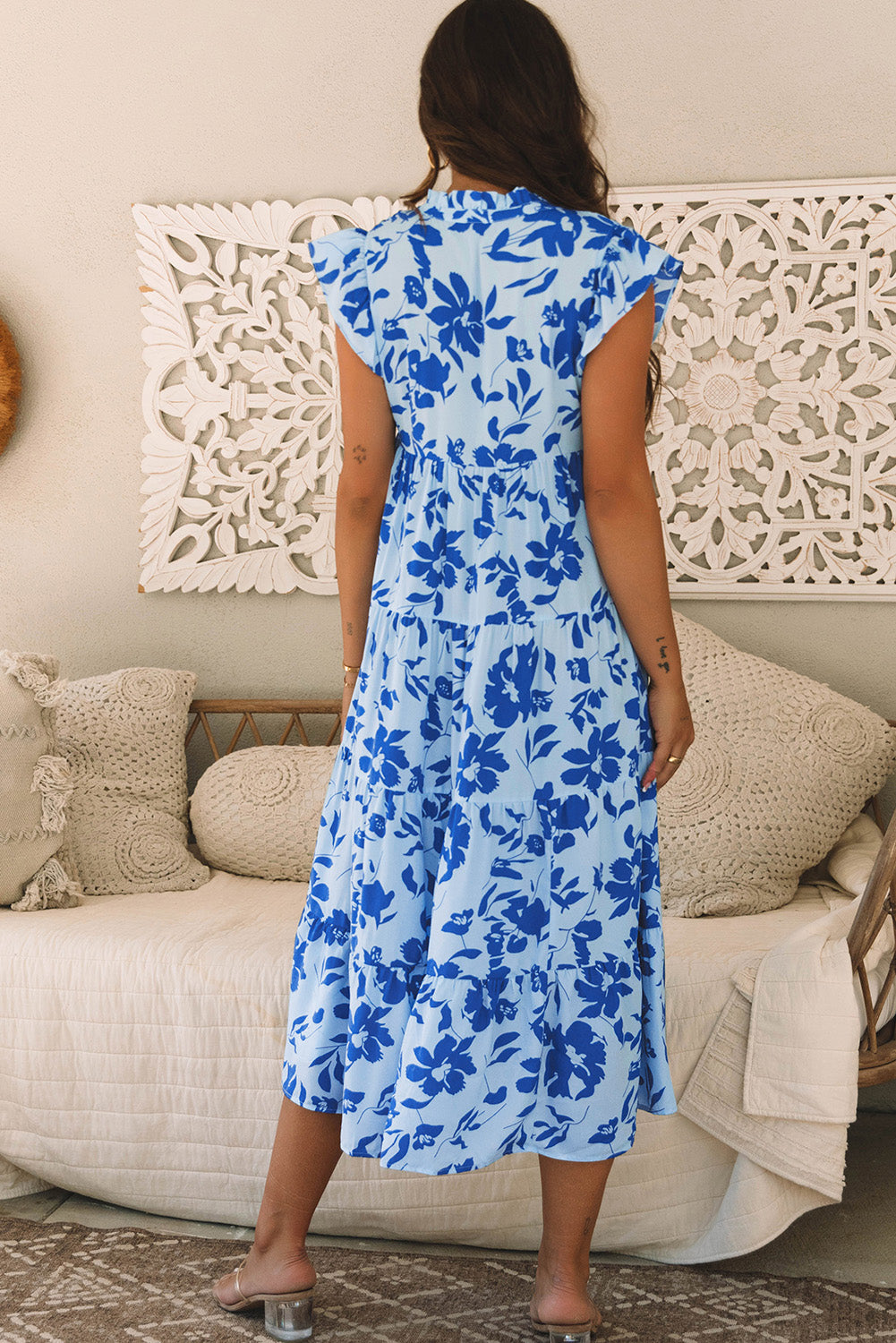 Sky Blue Floral Print Tiered Maxi Dress. GCollection