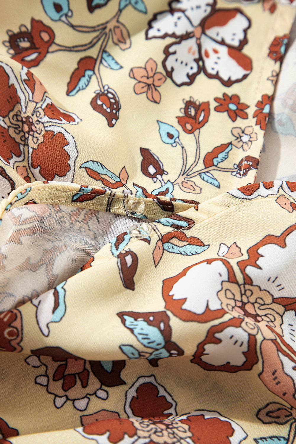 Yellow Printed Floral Bell Sleeve V Neck Wrapped Contrast Blouse. GCollection