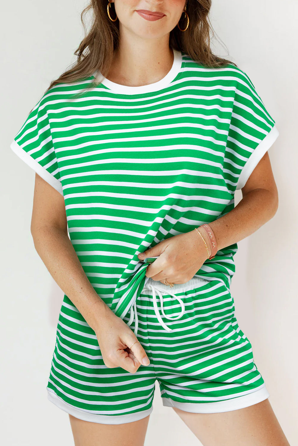 Dark Green Striped Cap Sleeve Tee and Shorts Set. GCollection