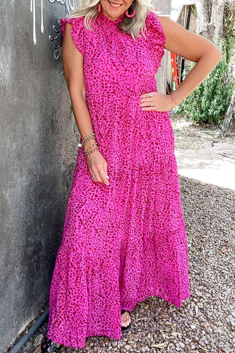 Rose Red Leopard Print Ruffled Trim Tiered Maxi Dress. GCollection
