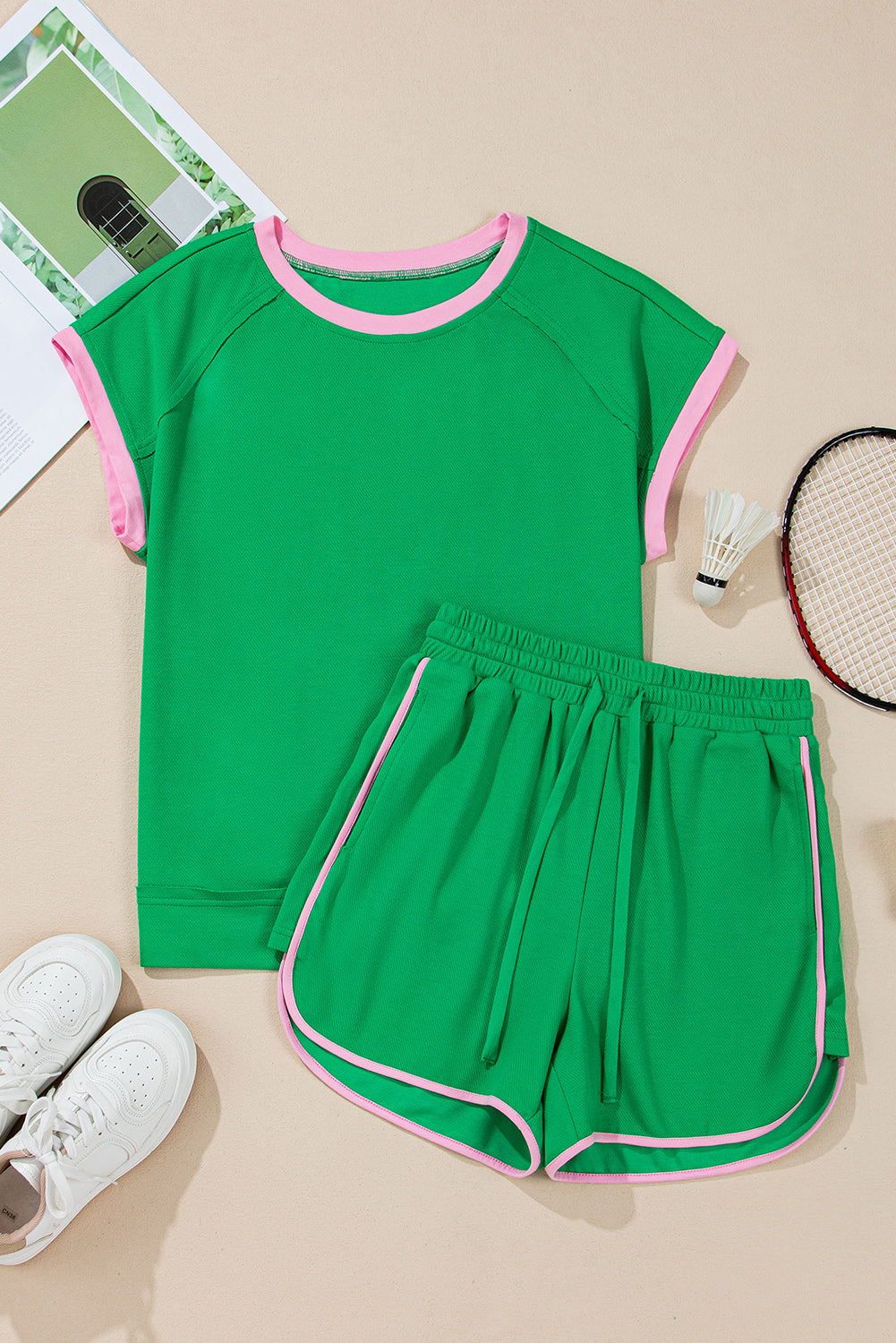 Bright Green Two Tone Contrast Textured Shorts Set. GCollection