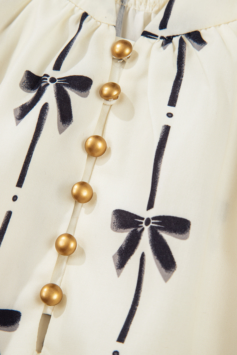 Beige Cute Bowknot Printed Bubble Sleeve V Neck Mini Dress. GCollection