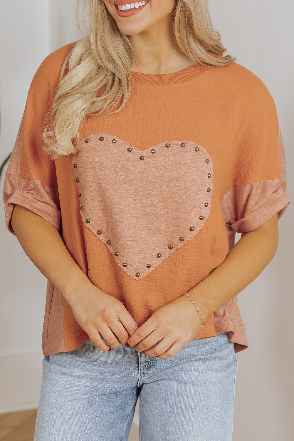 Desert Gold Stud Heart Patch Textured Top. GCollection