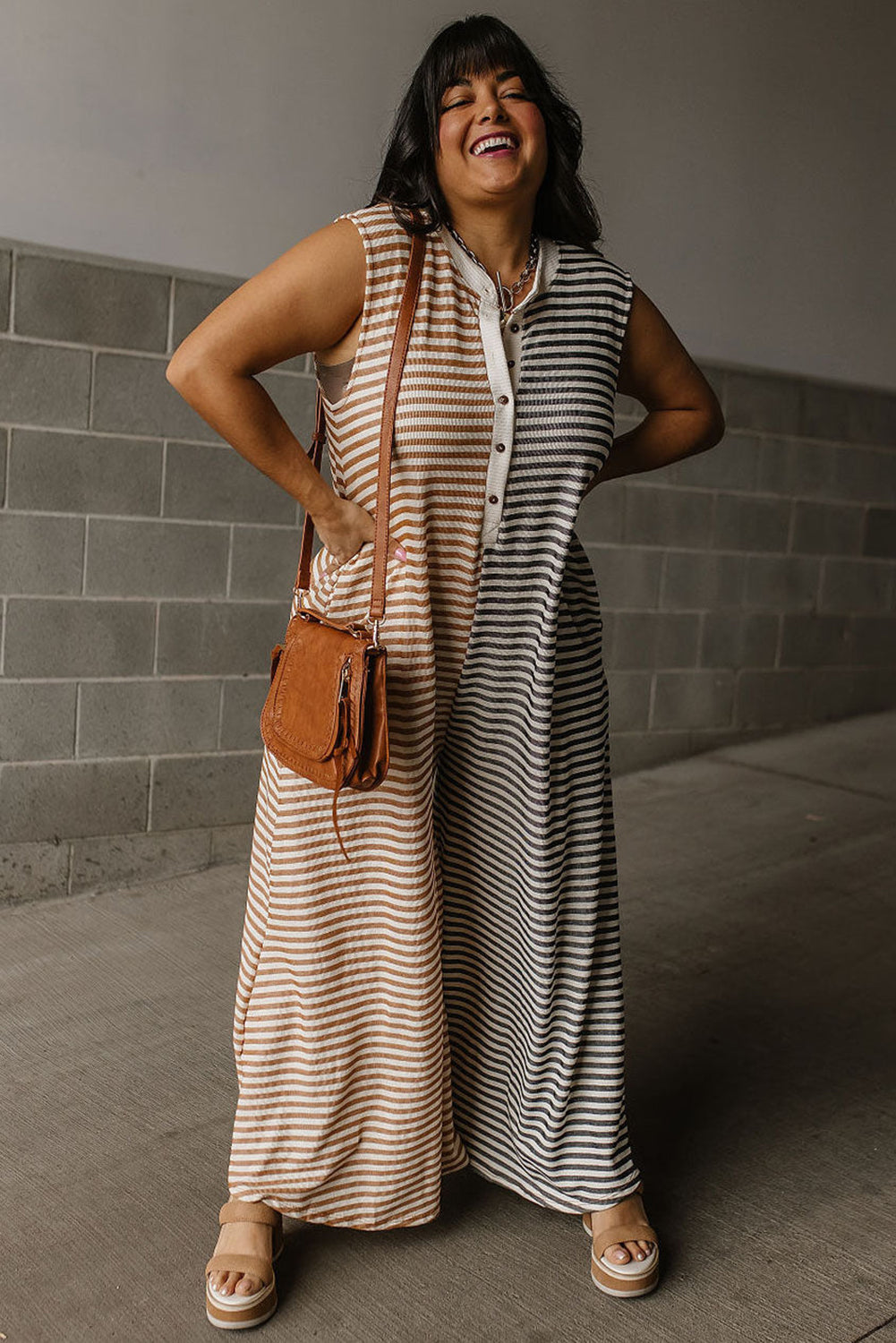 Gray Stripe Plus Size Color Block Wide Leg Jumpsuit. PSCollection