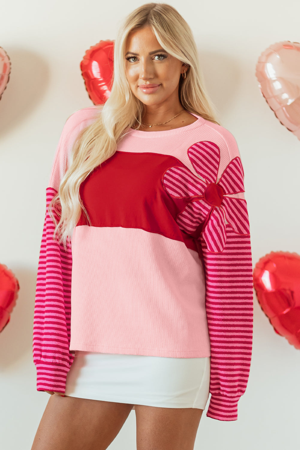 Pink Floral Patch Color Block Striped Sleeve Textured Top. GCollection